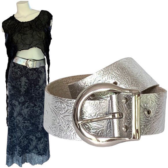 Vintage Accessories - Stamped vintage contour wide leather saddle cinch buckle statement belt - S/M